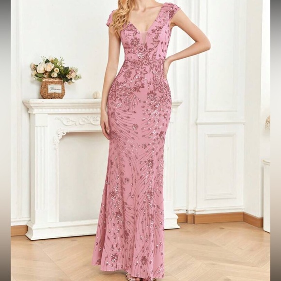 Luxe V neck sequin formal evening party dress - Picture 5 of 7